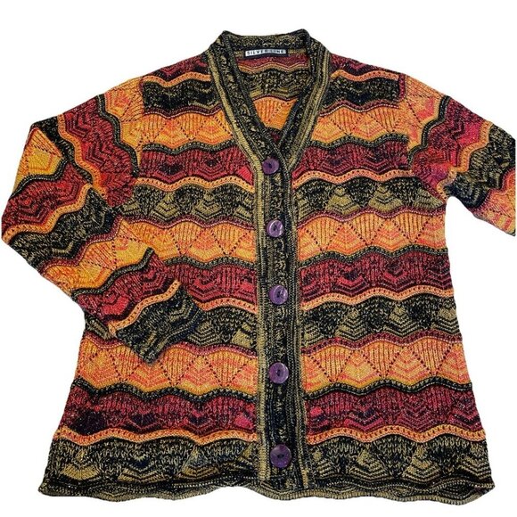 VTG Y2K Silver Line Cardigan Sweater Women's Small Colorful Metallic Coogi Style - Picture 1 of 9